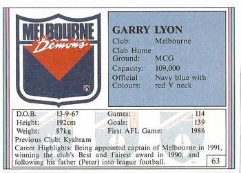 1992 AFL Regina #63 Garry Lyon Back